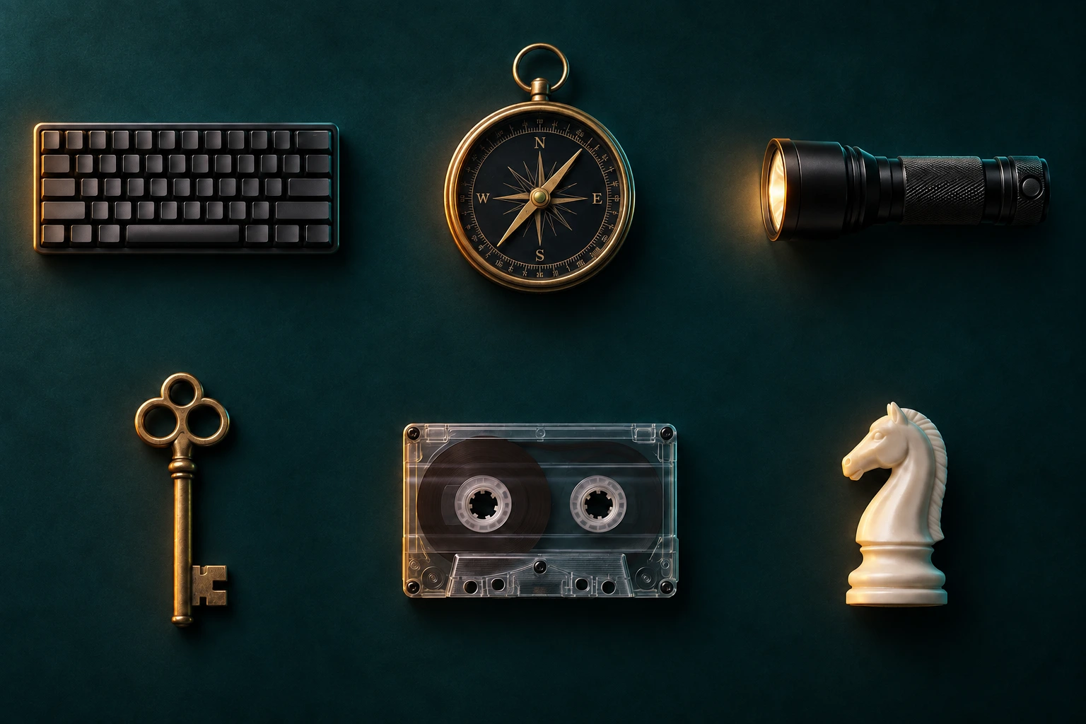 Photographic evidence desk: keyboard, compass, and flashlight across the top; brass key, cassette tape, and chess knight below