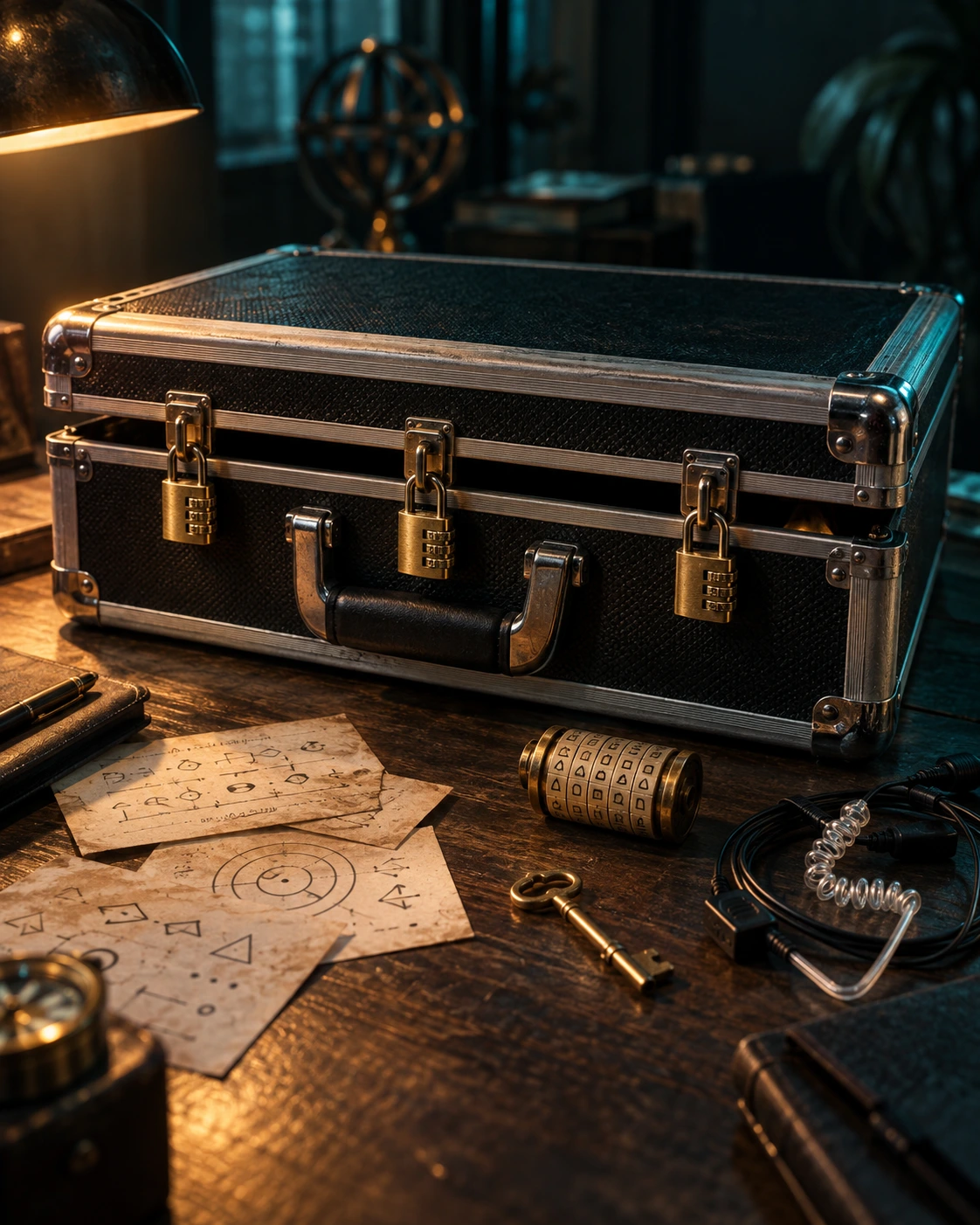 Cinematic concept photograph of a portable locked puzzle case with brass padlocks, clue papers, and a key on a warmly lit desk